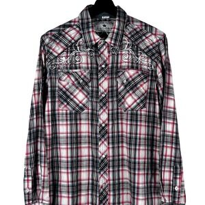 Pop Icon Clothing Buckle Mens Small Red Black Plaid Pearl Snap Western Shirt Y2K